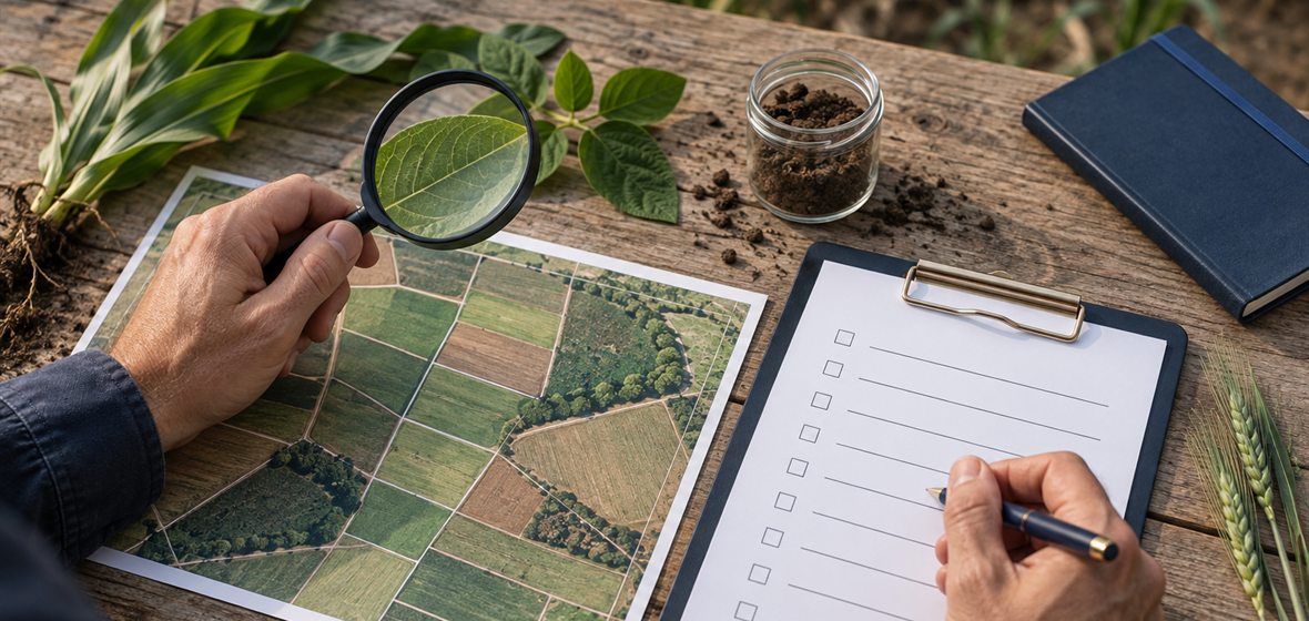 Prancheta, mapa de talhão, amostra de solo e folhas organizados para formular quesitos de perícia agronômica